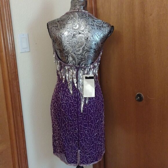 Carina Purple Silk beaded halter minidress halter top sparkle purple silver S - Picture 4 of 15